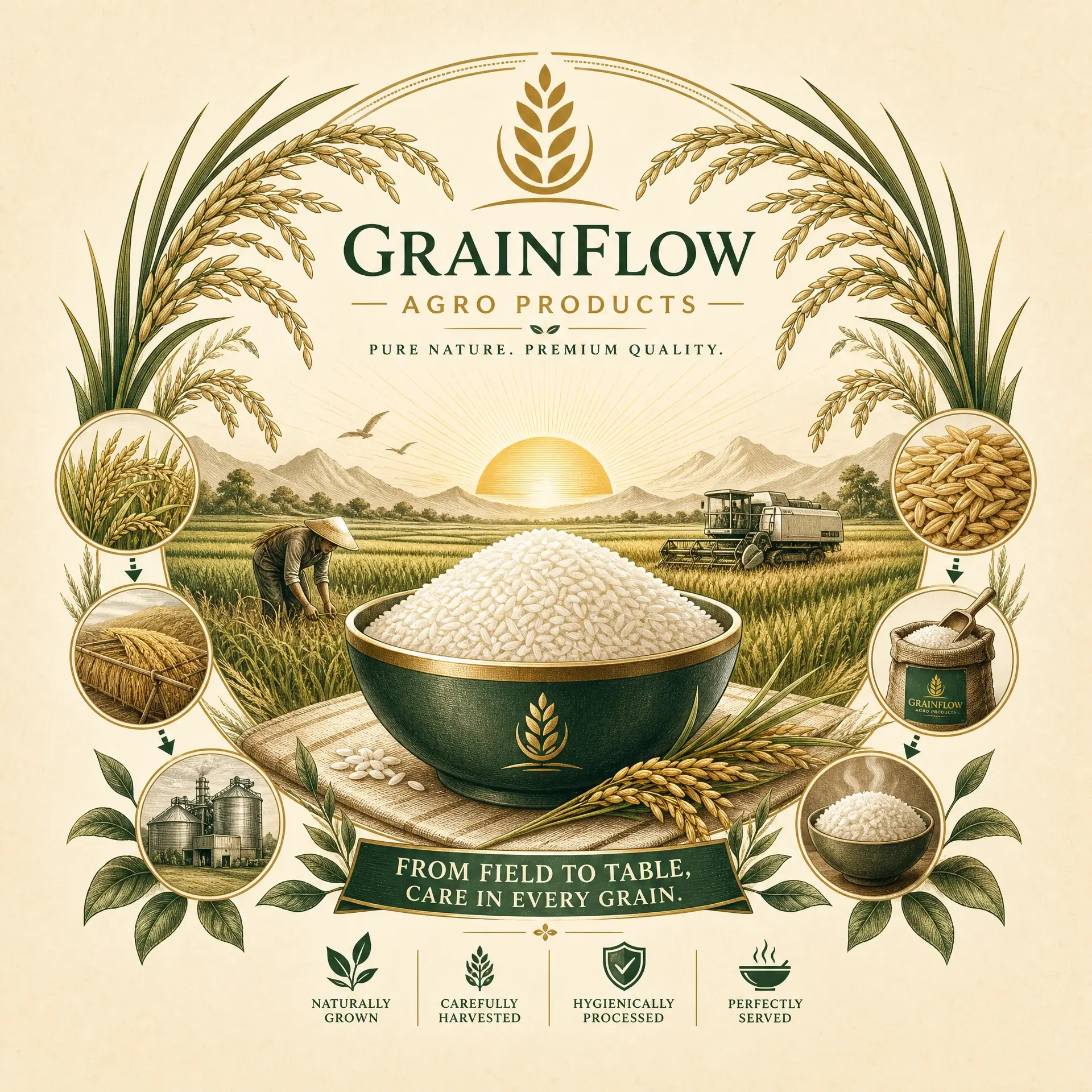 Field-to-table emblem with paddy and a rice bowl
