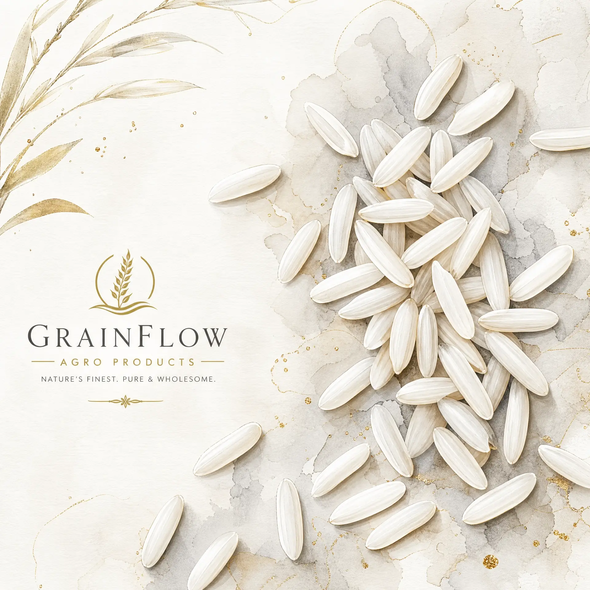 Scattered raw rice grains on a white surface