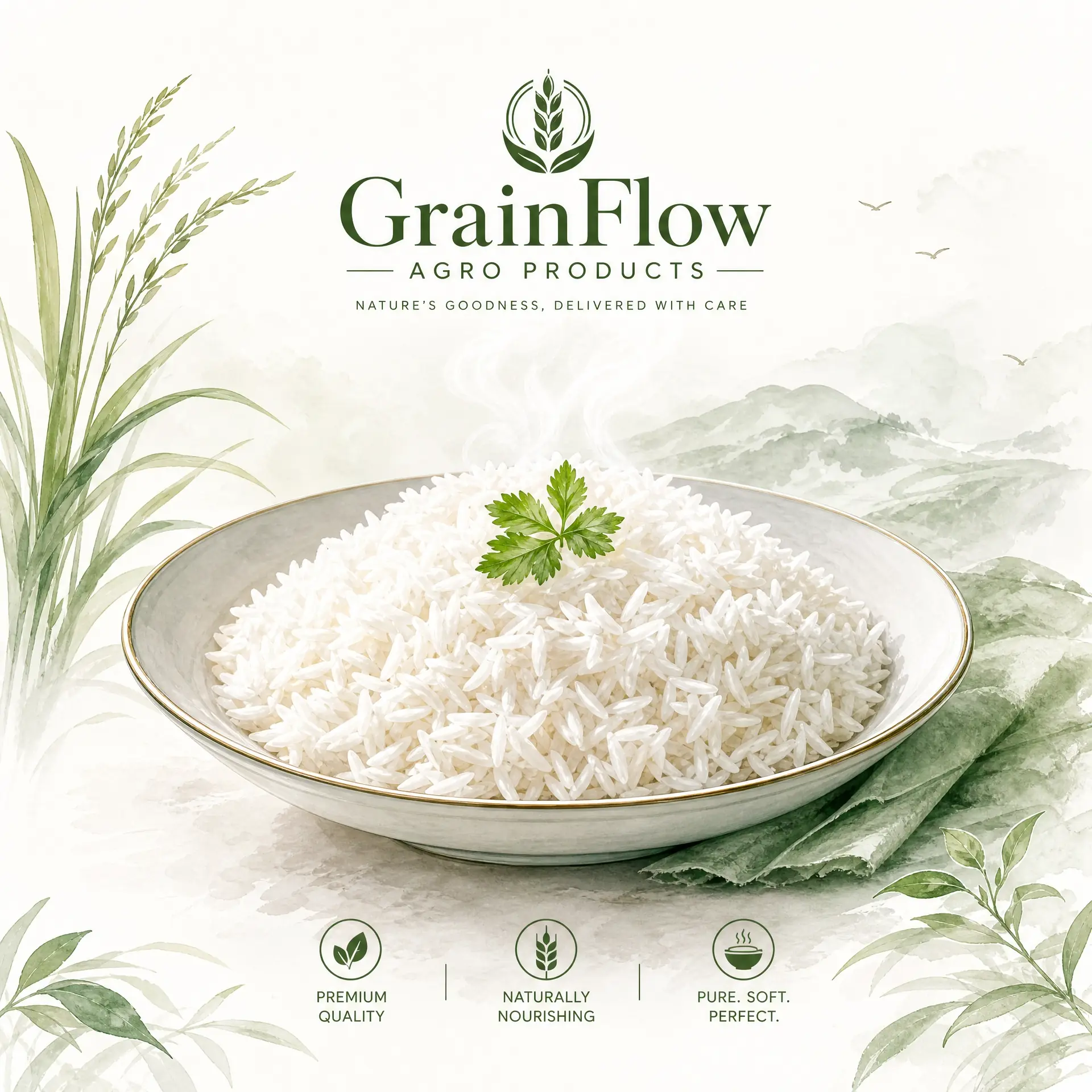 A bowl of steamed white rice with a leaf garnish