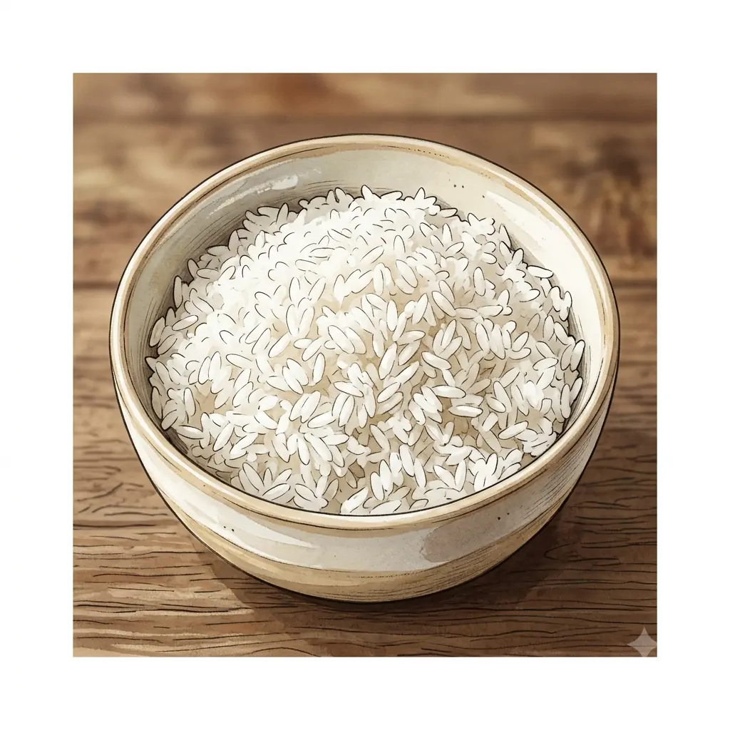 A bowl of white rice on a wooden surface